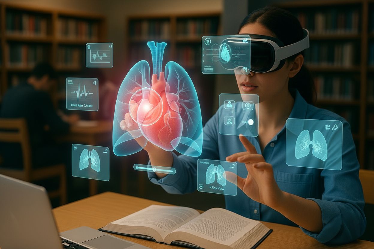 Medical student wearing a mixed reality headset studying a holographic heart
