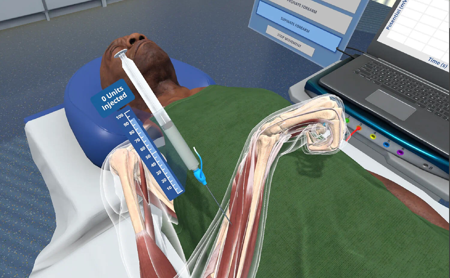 Clinician rehearsing an injection technique in an immersive simulation