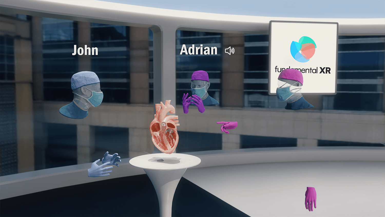 Surgical team collaborating around a digital twin of a robotic system in a virtual operating room