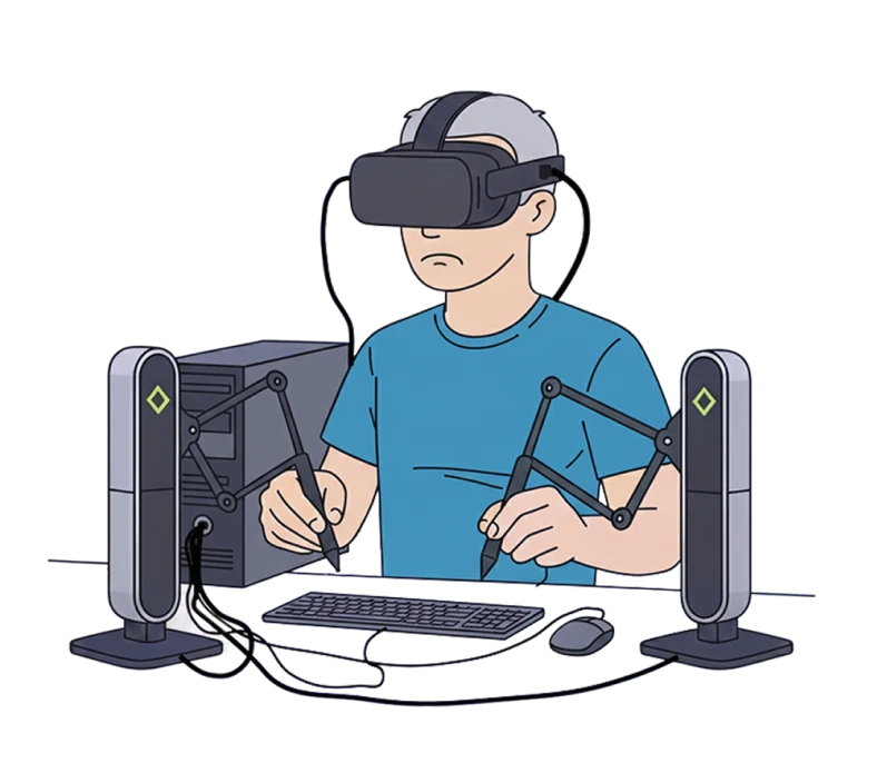 Person using VR with wired haptic devices