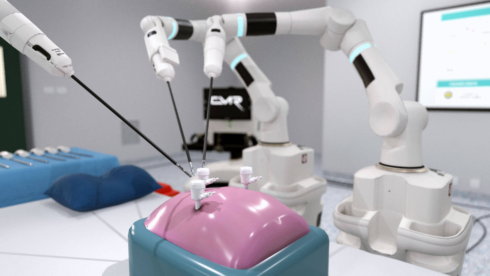 Surgical robotic system in an operating room, rendered from the simulation