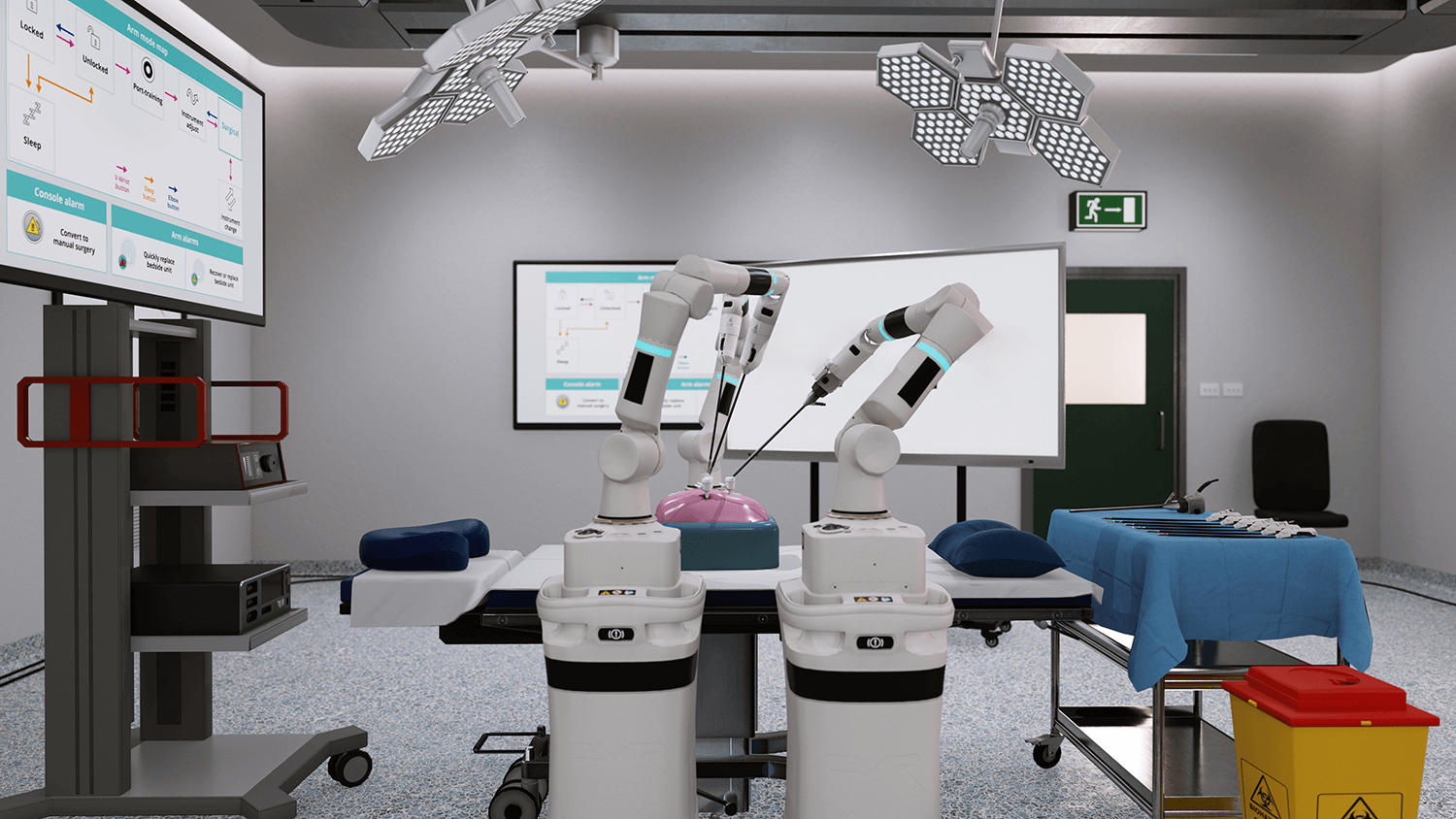 Surgical robotic system rendered in a virtual operating room