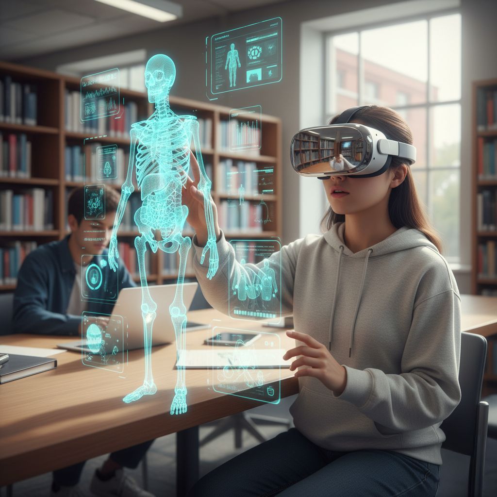 A student in a mixed reality headset interacting with a holographic human skeleton in a library