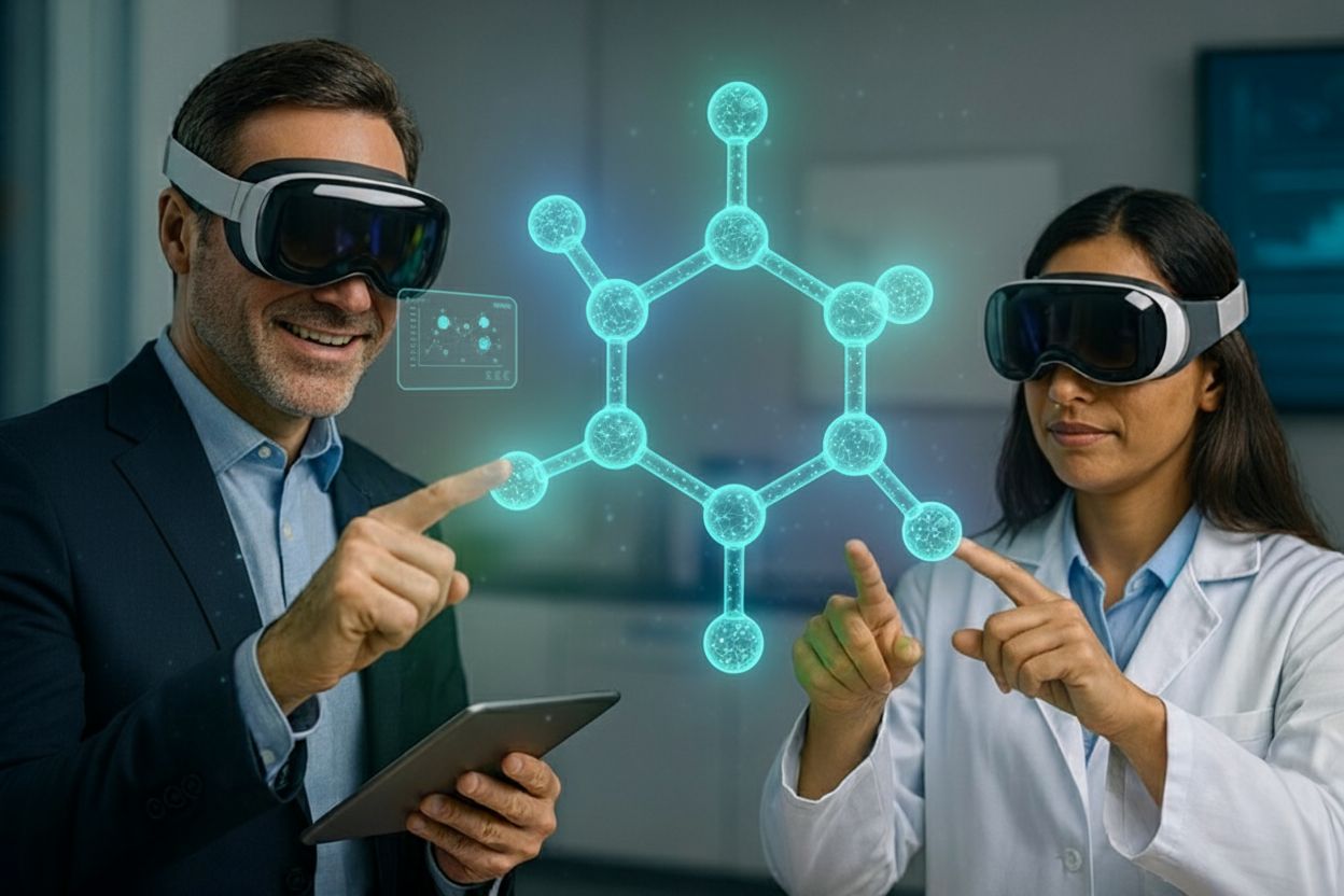 Two clinicians in mixed reality headsets examining a holographic molecule