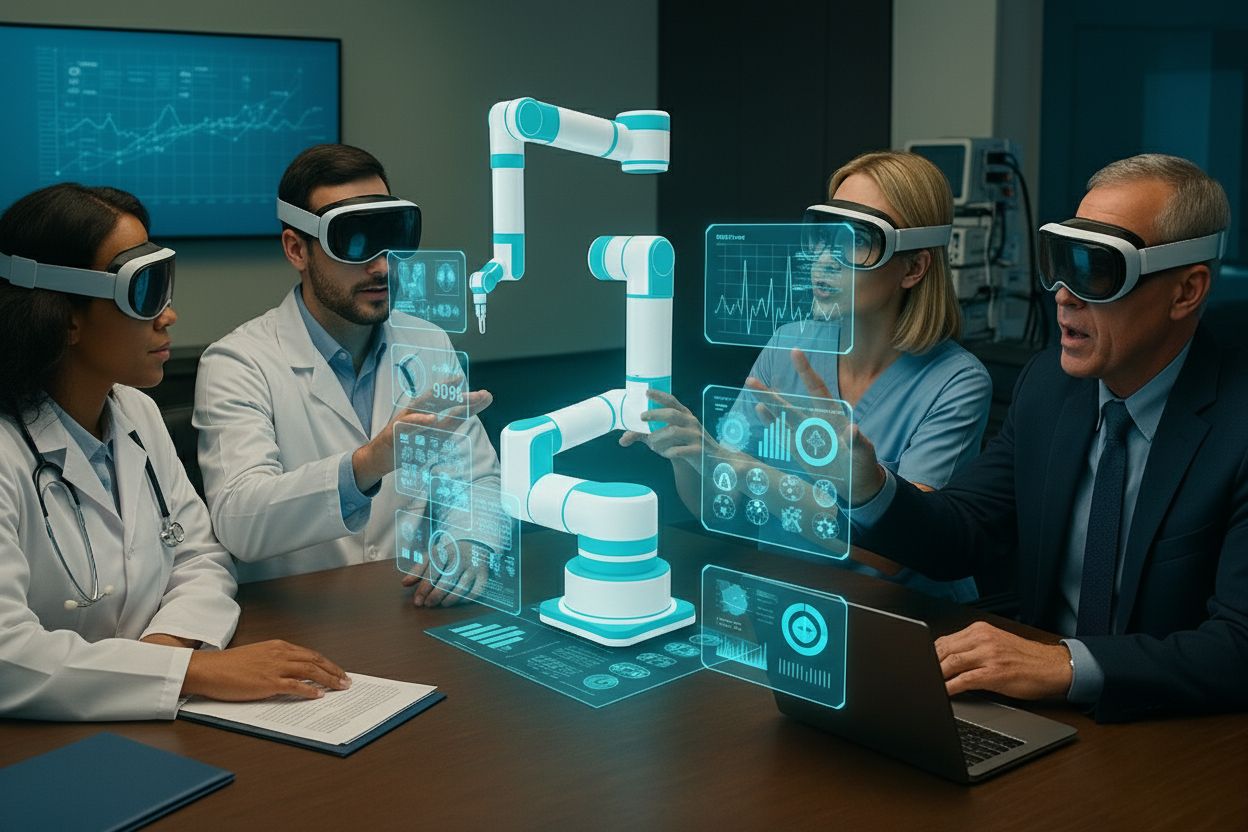 A clinical team in mixed reality headsets collaborating around a holographic robotic arm and floating data panels