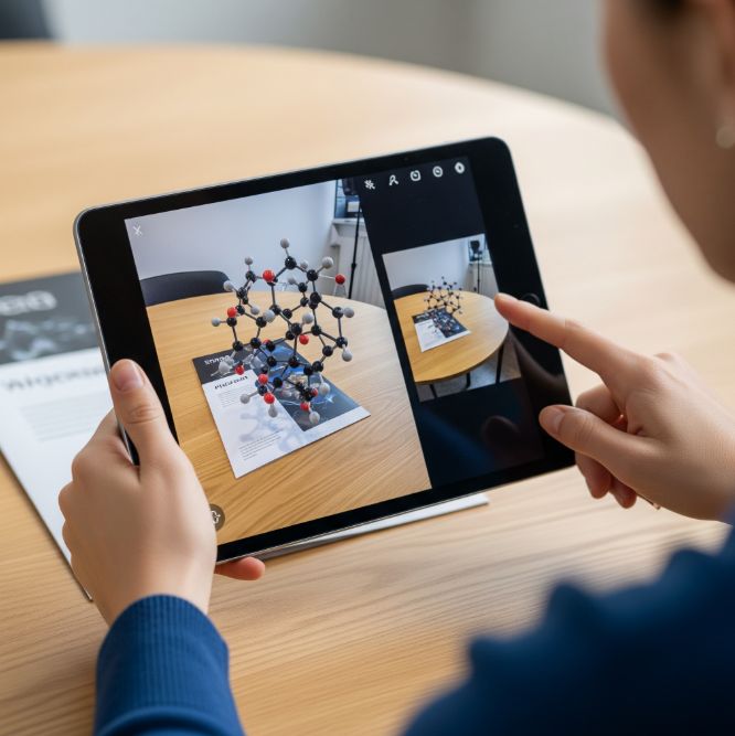 Student viewing an augmented reality molecule on a tablet held over lecture notes