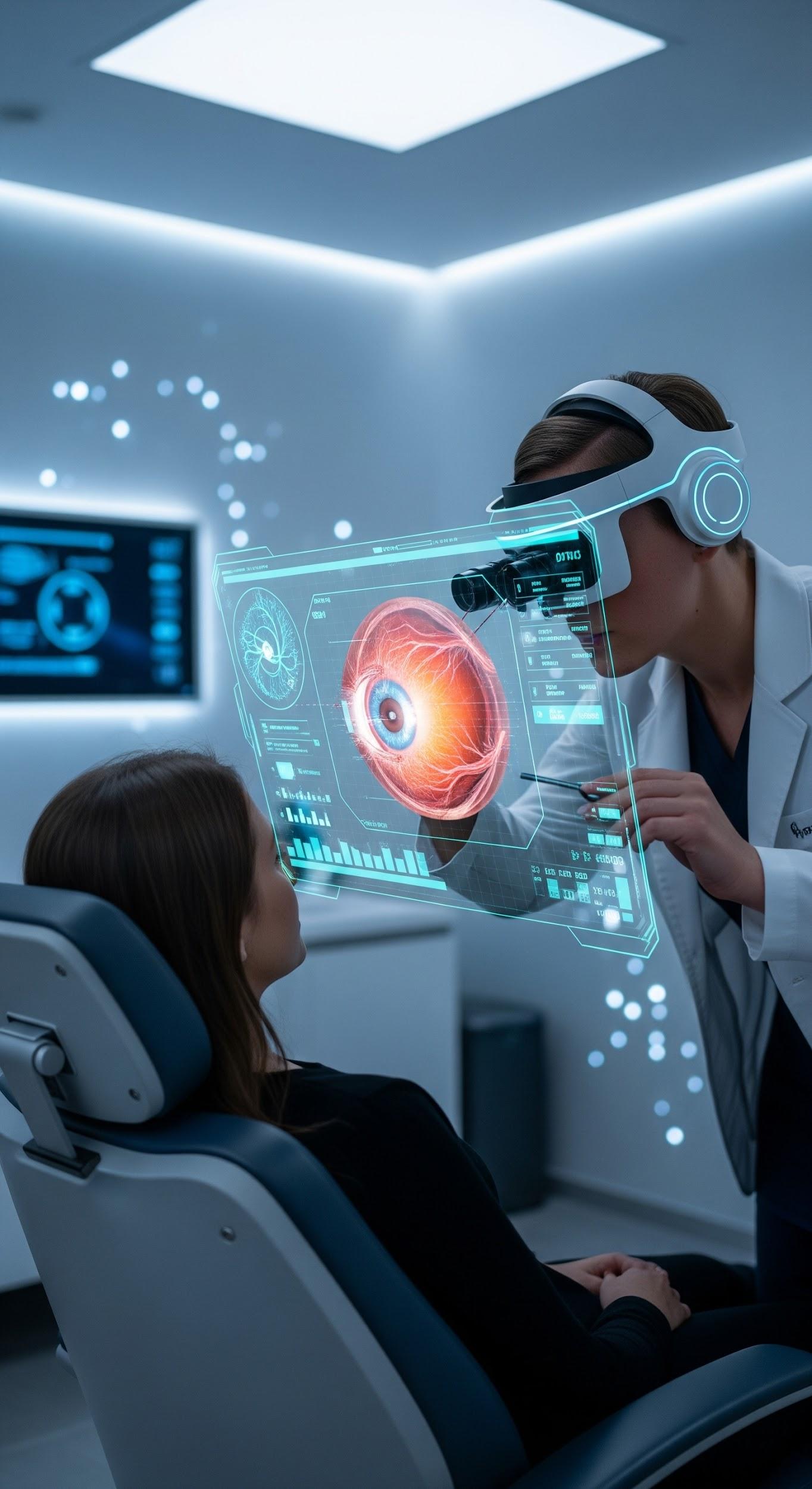 Clinician wearing a mixed reality headset examining a holographic eye model